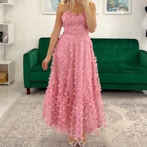 Pink Butterfly Appliqué Lace up Back Mesh Maxi Dress